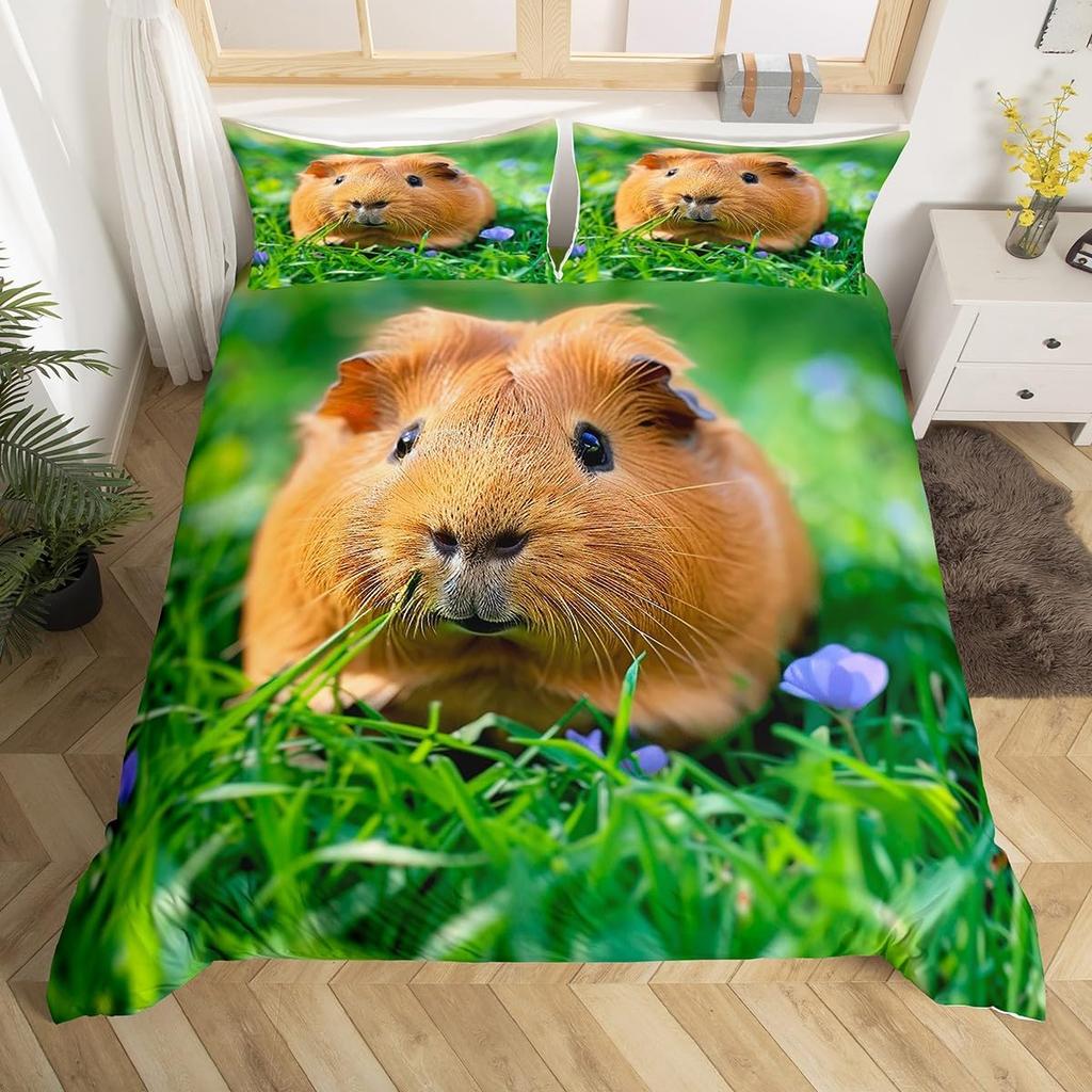 Caroon Guinea Pig Duvet Cover Twin Queen Size For Teen Girls Snow Natural Guinea Pig Bedding Set,Kawaii Animlas Comforter Cover