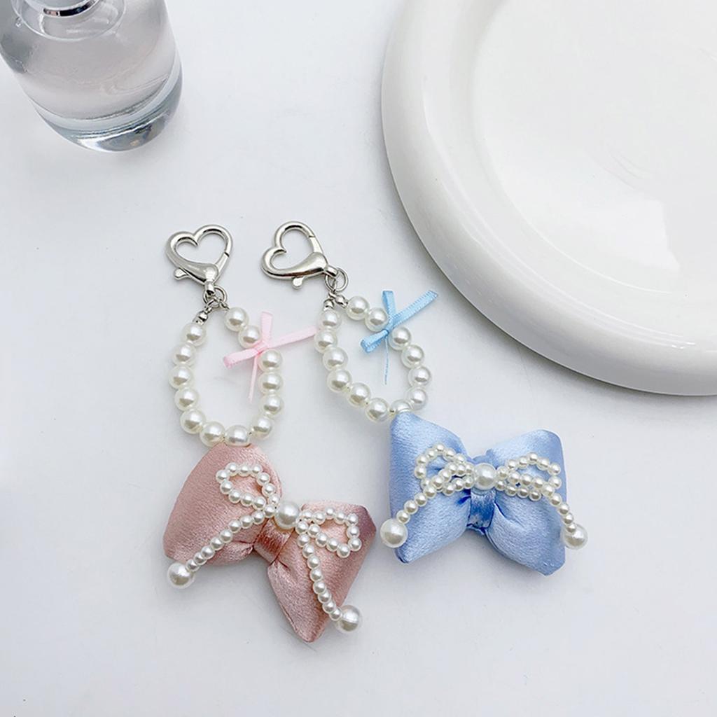 Sweet Cute Pearl Beaded Bowknot Keychain Pendant Lovely Hanging Decorations Keyring Charm for Purse Bag Backpack