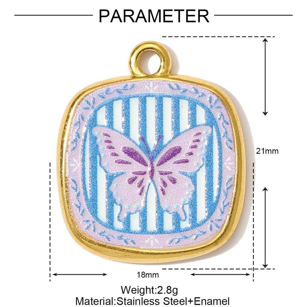 1 Stück 304 Edelstahl Charms 18K Vergoldet Mehrfarbig Bedruckt Quadratisch Vogel Mond Schmetterling Anhänger Für DIY Halskettenherstellung