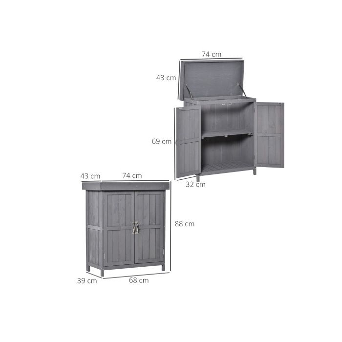 Armoire à outils en sapin résistant aux intempéries, double porte, 2 compartiments, gris foncé, 74x43x88 cm