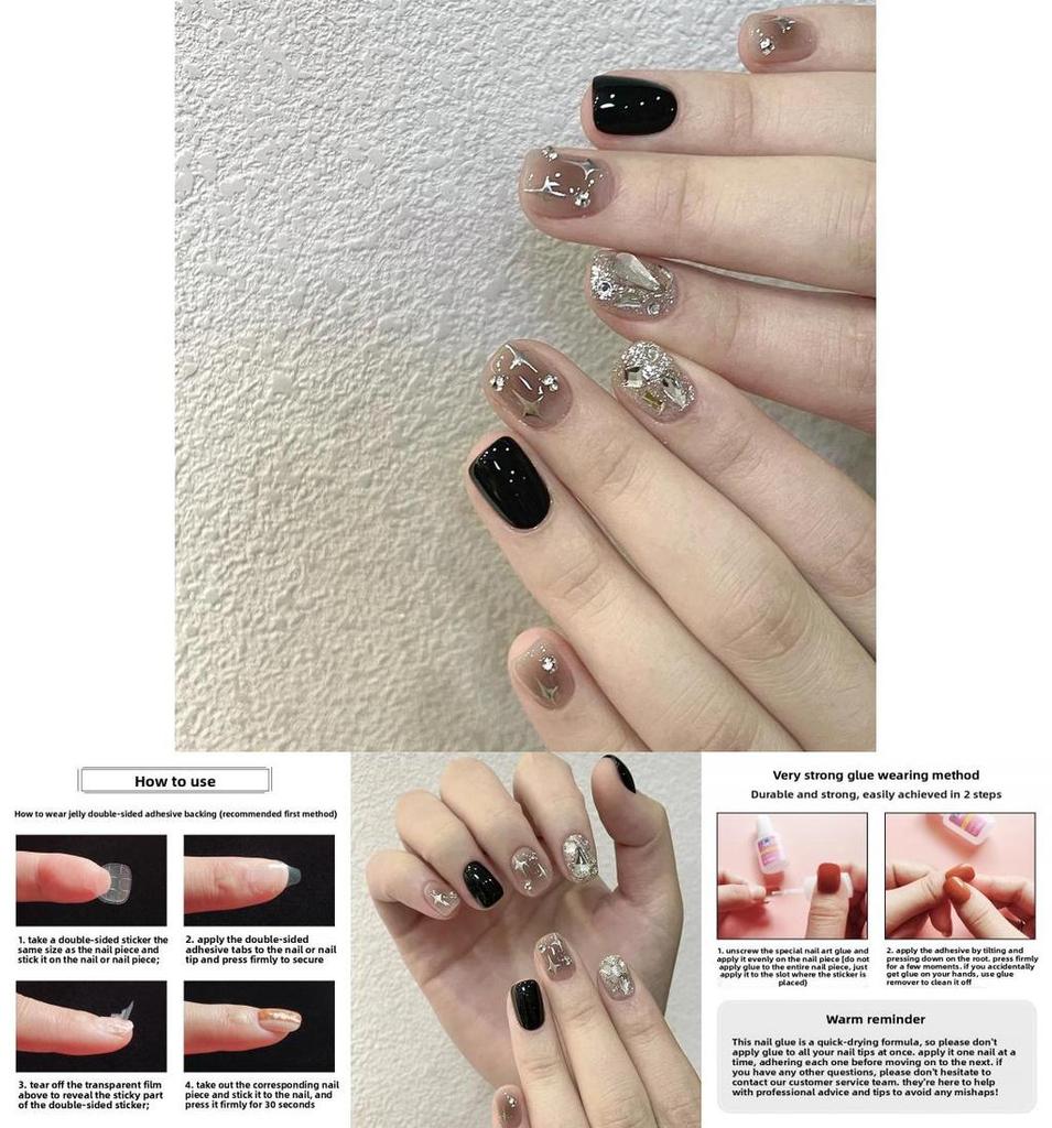 Short Fake Nail Decals With Black Sparkling Water Diamoans And Star Motifs For Cute And Trendy Nail Looks