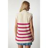Women's Cream Black Zippered Collar Striped Sweater Mx00123
