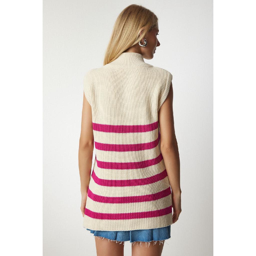 Women's Cream Black Zippered Collar Striped Sweater Mx00123