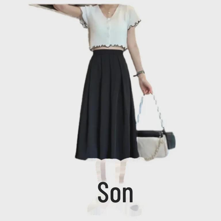 Women's High-Waist Black Pleated A-Line Skirt - Spring/Summer 2023 Korean Style