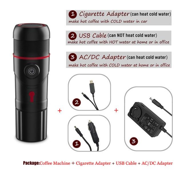 Multifunctional Three-In-One Portable Car Travel Coffee Machine Capsule DC12V with USB Charging Cable AC Adapter 60ml