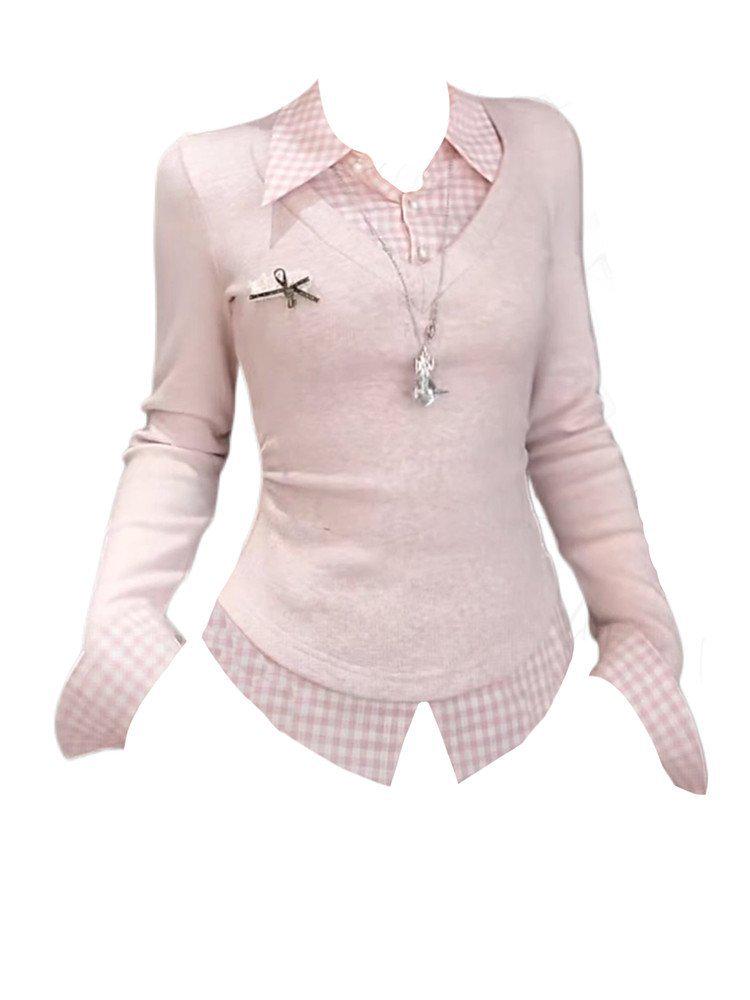 Korean Style Plus Size Plaid Patchwork Long Sleeve Shirt for Women - Autumn Waist-Cinched Slimming Top