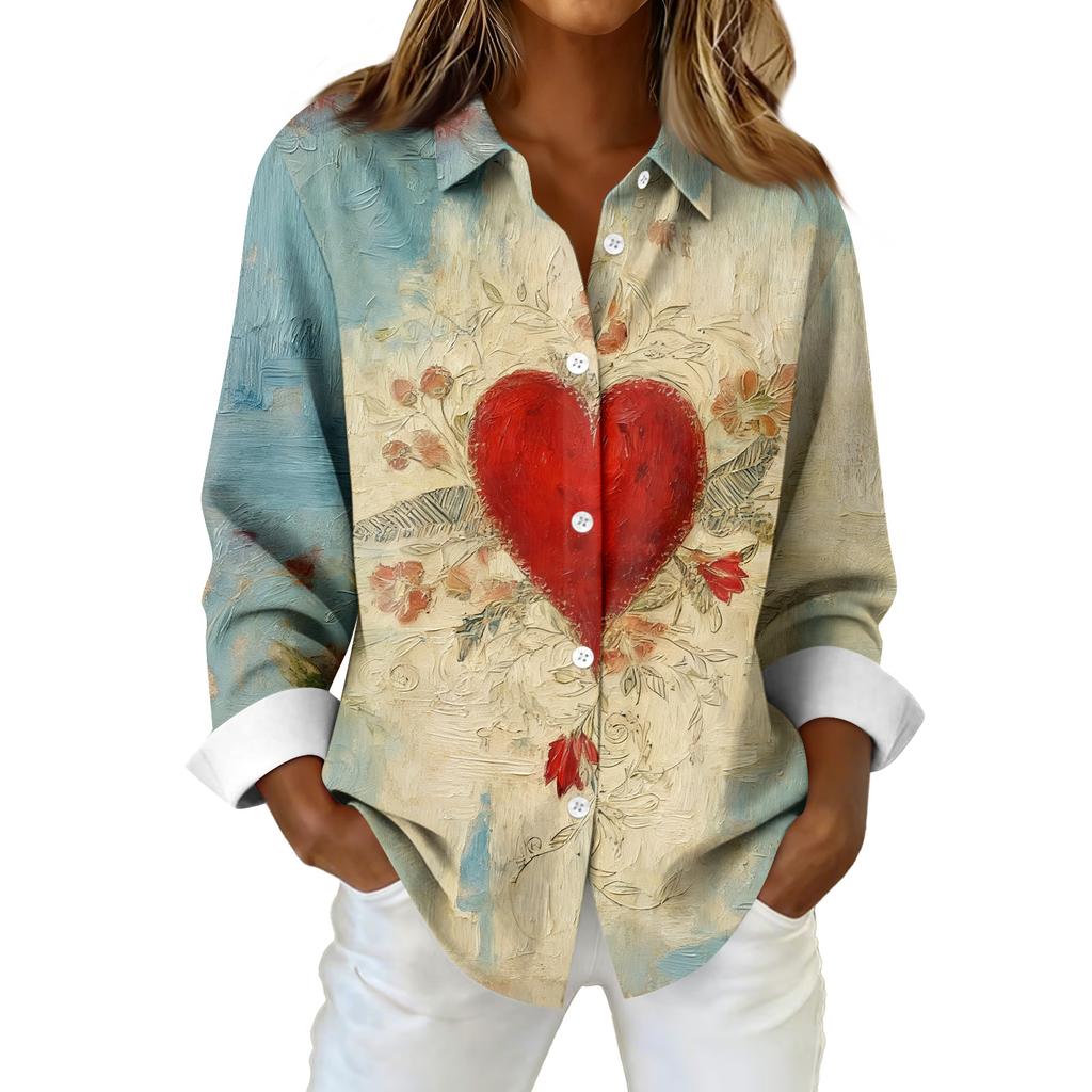 Kadın Gömlek Bluz Noel Baskılı Düğme Uzun Kollu Rahat Temel Gömlek Yaka Normal Üst