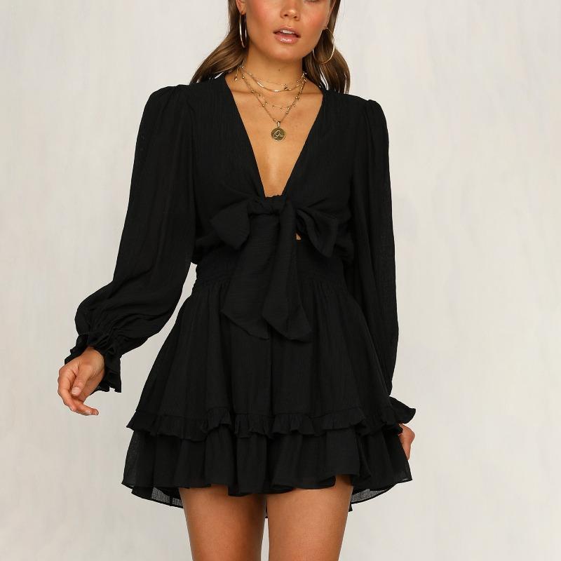 New European and American spring and autumn V-neck long-sleeved bubble-sleeved solid-color lace-up ruffle dress