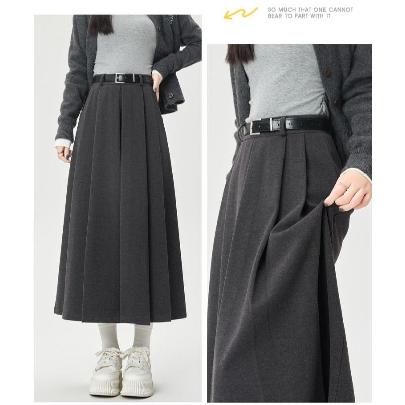 Womens High Waist  Pleated Midi Skirt A Line Winter Fall  Solid Color Long Skirt