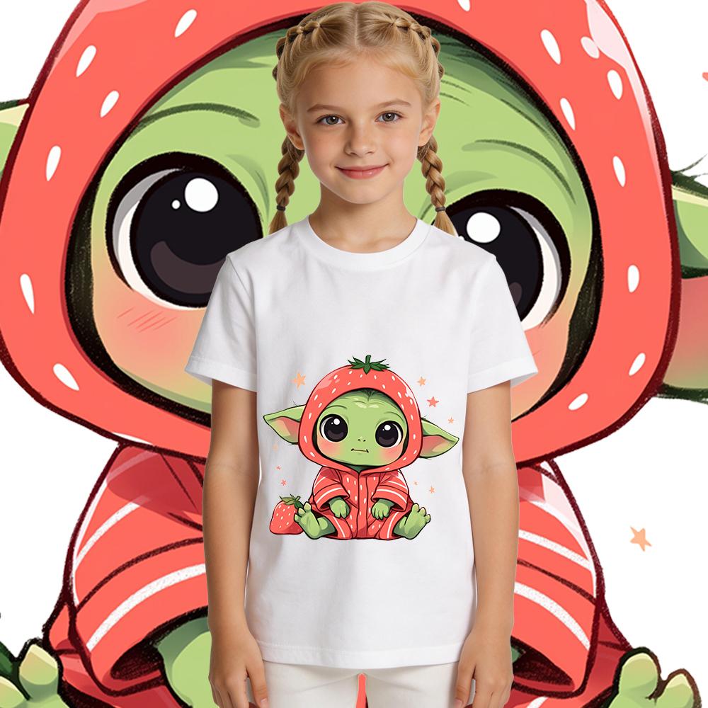 Star Wars Baby Yoda Strawberry Print Girls Cotton T Shirt Casual Summer Top Kids Toddler Clothing Cute