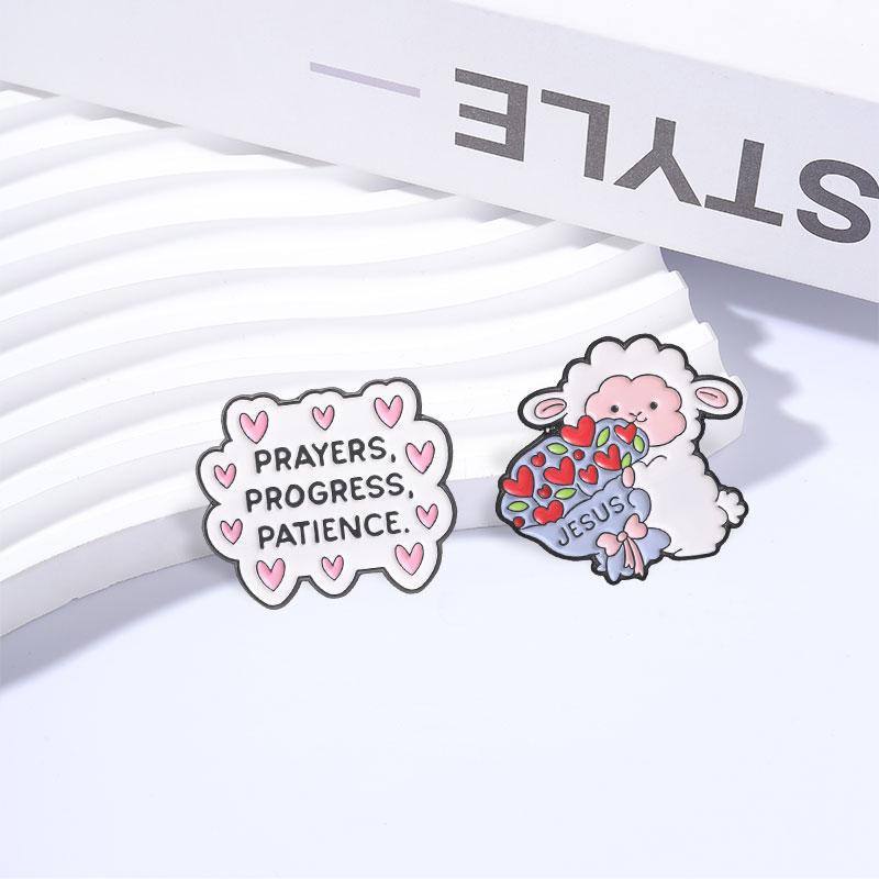 Xiaomi Cute Lamb Holding Jesus Red Heart Flower Bouquet Enamel Pin Prayers Progress Patience Christian Faith Brooch Lapel Badge Jewelry