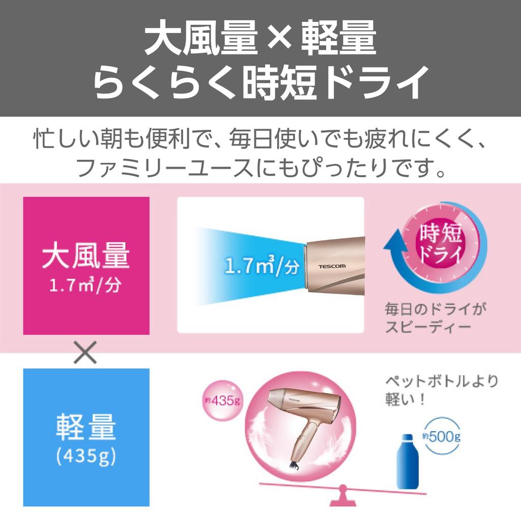 TESCOM Hair Dryer Negative Ion Foldable Large Air Volume Lightweight Gold TD330B-N