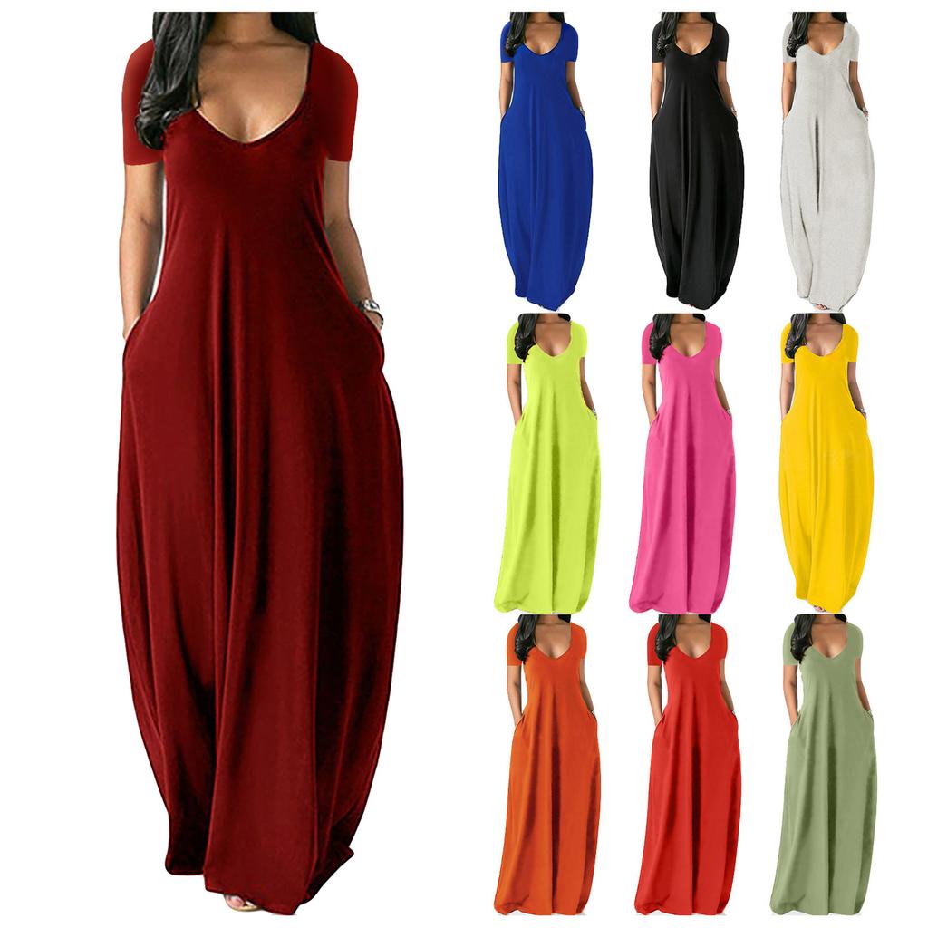 Women's Summer Maxi Dress V-Neck Short Sleeve Long Dress Elegant Solid Color Pockets Dresses