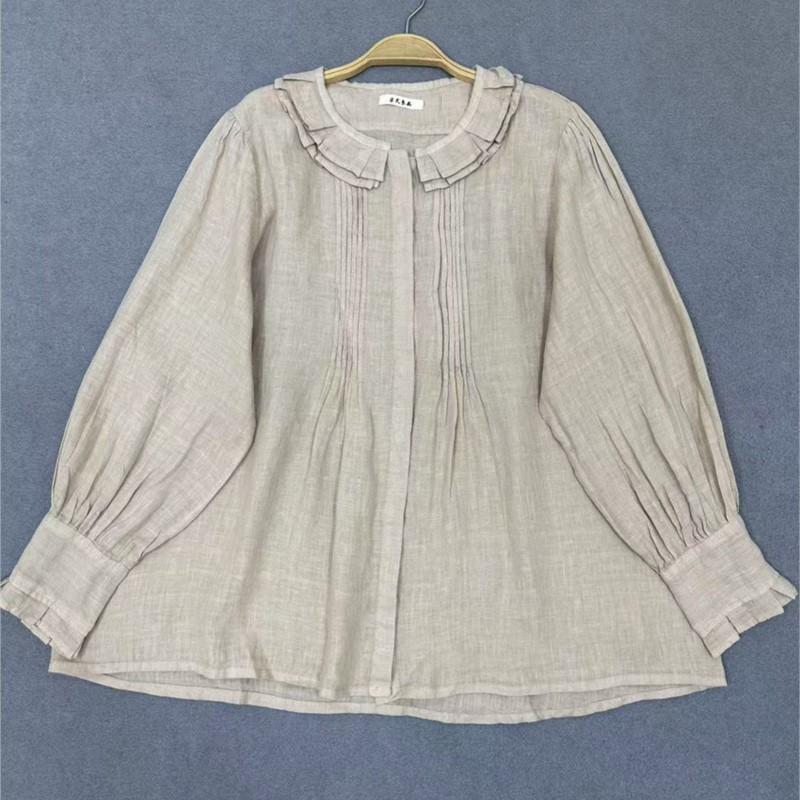 Johnature Autumn Round Neck Single Button Loose Long Sleeve Shirt Solid Color Pleated Casual Shirt For Women