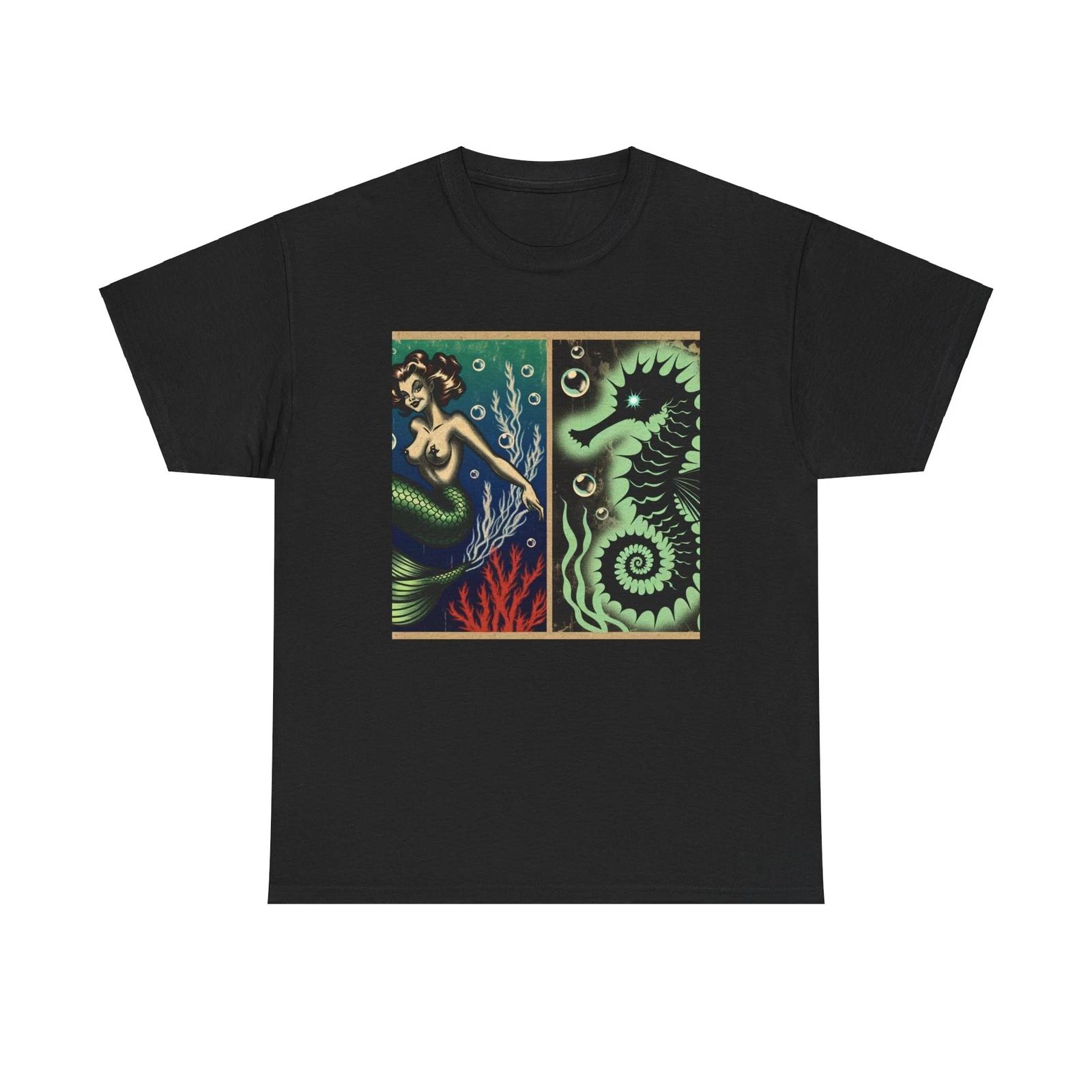 Unisex Adult T Shirt Sexy Mermaid with Horror Vintage Style Seahorse Retro Ocean 2XL