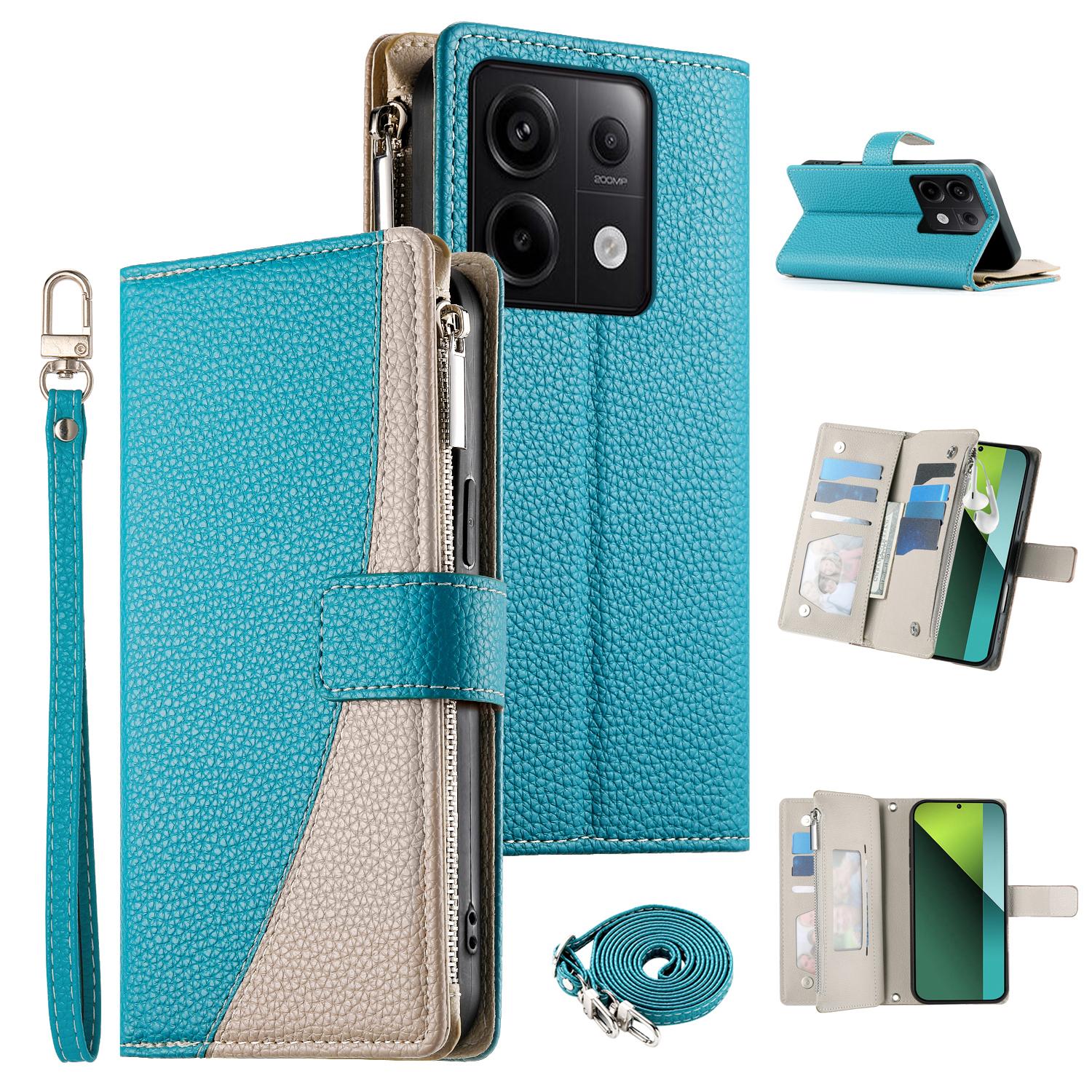 

For Xiaomi Redmi Note 13 Pro 5G/Poco X6 5G Case Zipper Wallet Color Splicing Leather Flip Phone Cover with Straps Lake Blue
