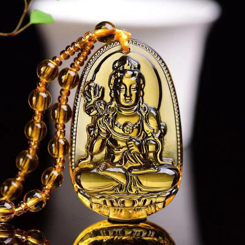 Yellow Crystal Necklace Long Sweater Chain Manjushri Pendant Amitabha Pendant Unisex Gift