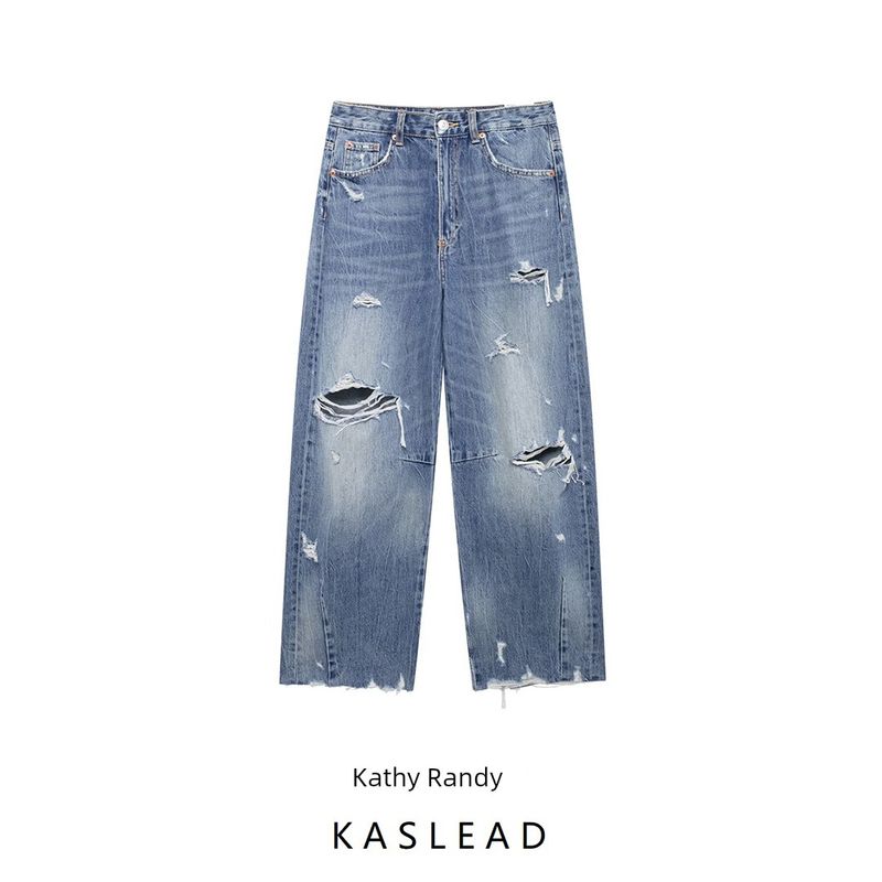 Kaslead New Arrival Women's Clothing Fashion Style Perforated Hole Decoration Balloon Version Loose Denim 5520246