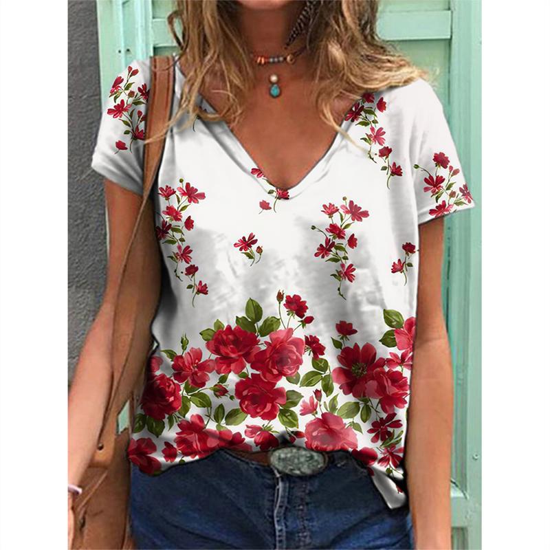 New Flower Floral 3D Print T-shirt Women V-Neck Short Sleeve Tees Y2k Tops Streetwear Harajuku Oversized T Shirts Woman Clothing