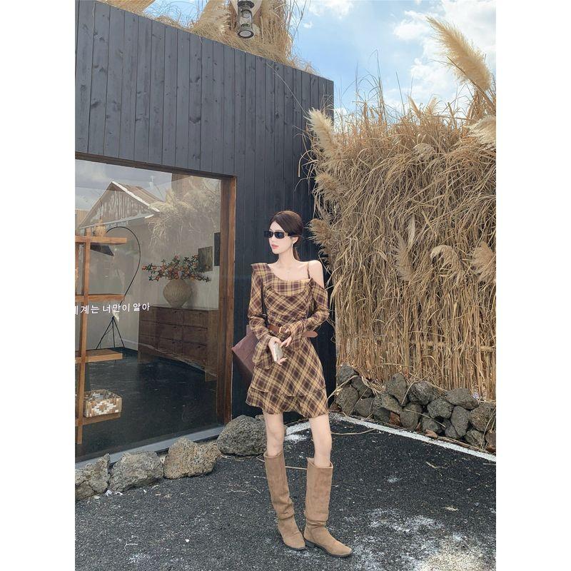 

Kumikumi Ретро Комплект Для Похудения С Длинным Рукавом Верхняя Одежда Женская Осень Необычная Клетка С Длинным Рукавом Платье Комплект из Двух Предметов Skirt plus belt L