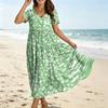 Women's Casual Loose Fit Bohemian Style Gradient Print Short Sleeve V Neck Maxi Dress with Flowing Skirt and Relaxed Silhouette