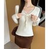 Women's Lace V-Neck Knit Top with Bow Tie - Long Sleeve, Autumn/Winter Design