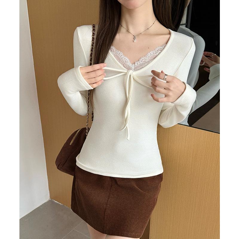 Women's Lace V-Neck Knit Top with Bow Tie - Long Sleeve, Autumn/Winter Design