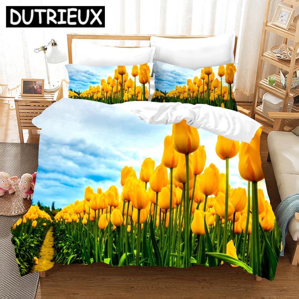 Pink Tulip Bedding Set Elegant Flower Scenery 3d Duvet Cover Pillowcases Bed Linen Twin Queen King Single Size Duvet Cover Set