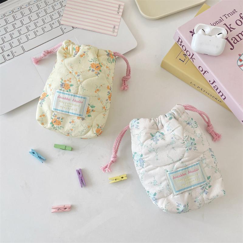 Ins Style Floral Storage Bag Drawstring Drawstring Pocket Soft Cotton Anti Fall Cosmetic Bag Sundry Storage Camera Bag
