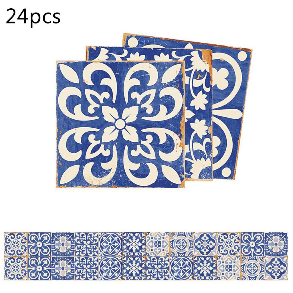 Blue and White Porcelain Tile Sticker 24pcs Self Adhesive Home Kitchen Smooth