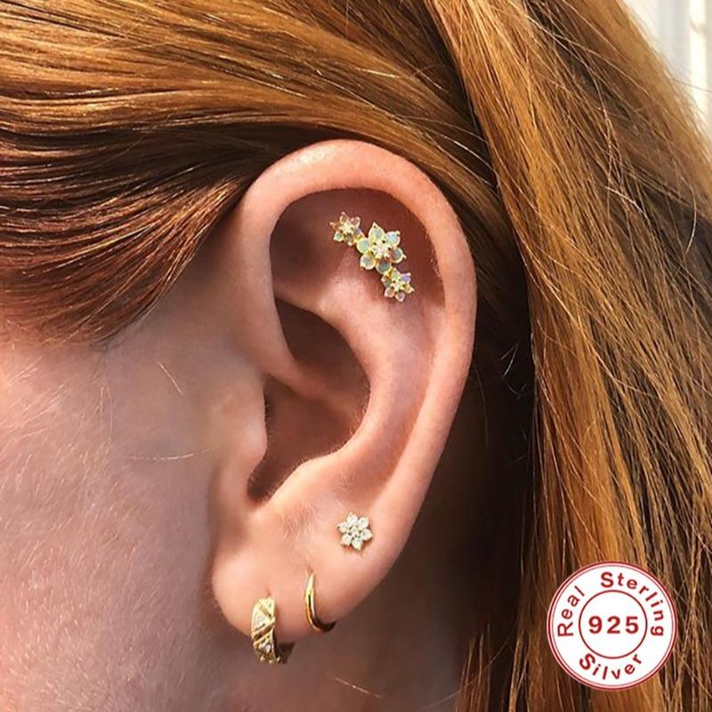 S925 Sterling Silver Five-Petaled Flower Flat Head Internal Thread Puncture Cartilage Stud Earrings, Earrings, Ab Colored Diamond Earrings