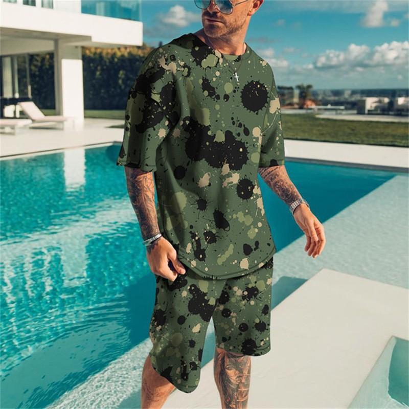 New Stylish Men's Beach Shorts Set Funny 3D Graffiti Print Short Sleeve T-shirt+Shorts 2 Pcs Set Summer Oversized Tracksuit Suit