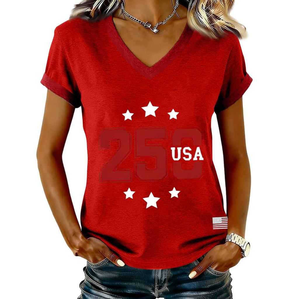 Women's Casual V Neck Short Sleeve Pullover Printed T-Shirt Top