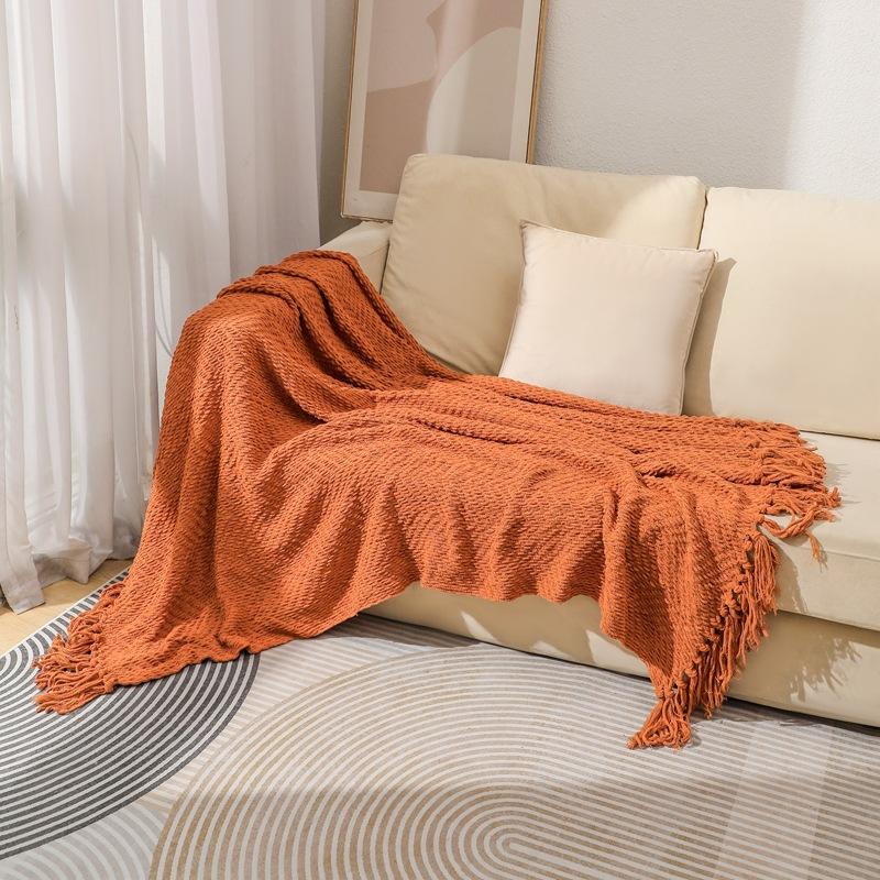 Karamellfärgad Geometrisk Pläd | Stickad Inomhus Utomhuspläd för Soffa Couch Stol Säng | Höstdekor