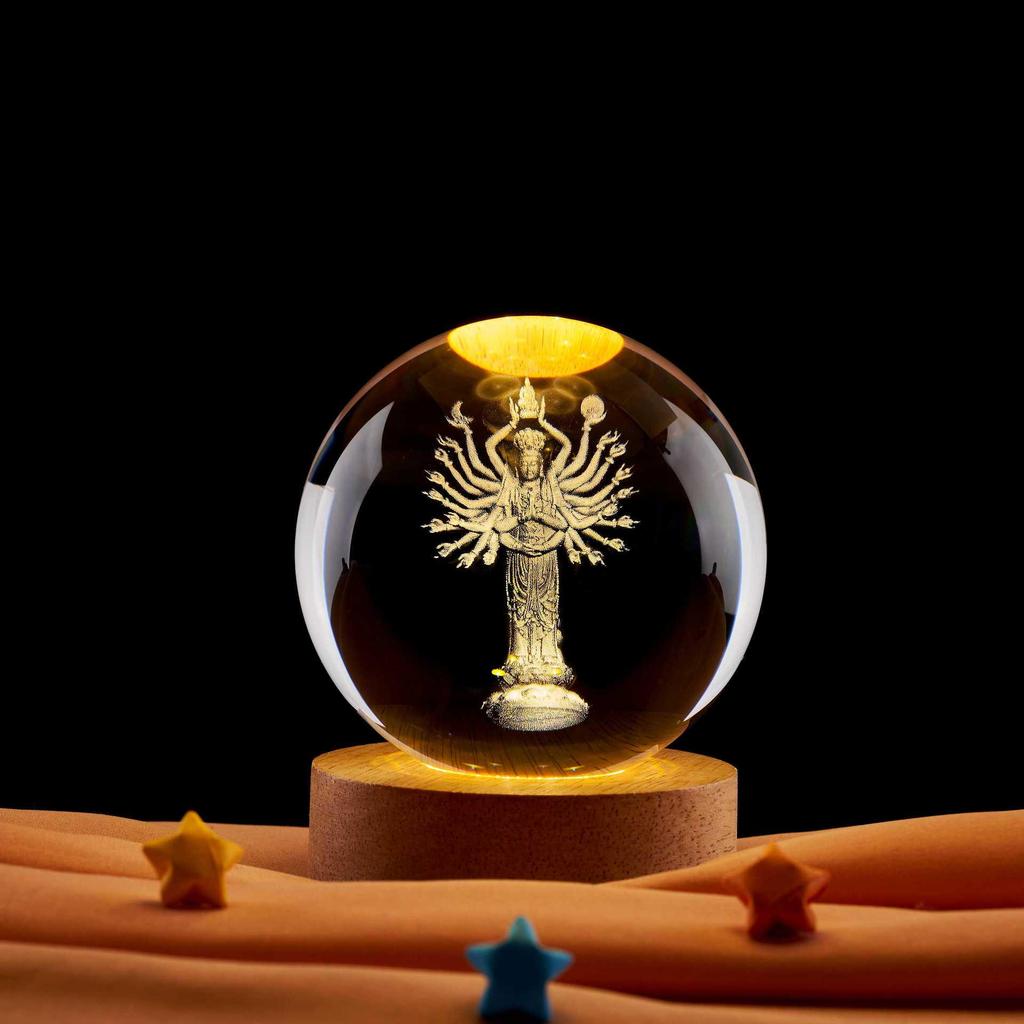 Thousand-Armed Guanyin 3D Laser Engraved Crystal Ball Night Light – Ideal Gift for Classmates or Best Friends' Birthdays