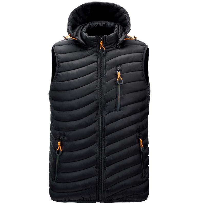 Men's Hooded Cotton-Padded Vest with Zipper Pockets for Autumn & Winter