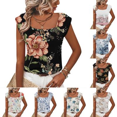 Women's Square Neck Summer Vest Loose Casual Print Cap Sleeve Shirt Top