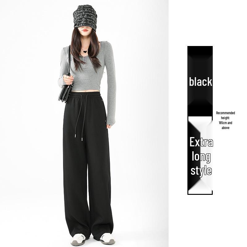 Pantalones de chándal grises de pierna ancha de cintura alta adelgazantes estilo americano para mujer - Primavera Engrosados con Felpa Ajuste Petite