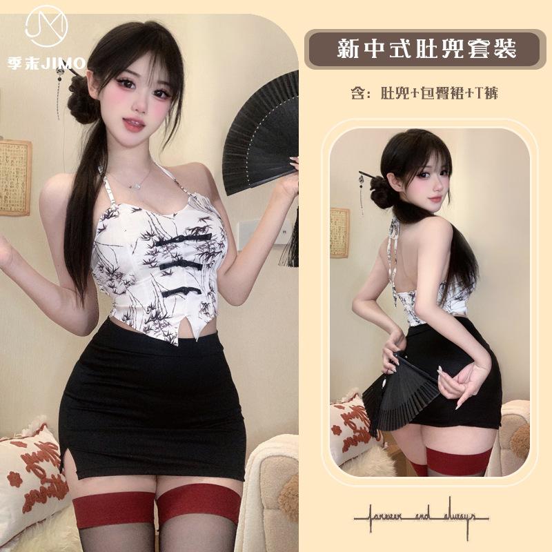 Sex Underwear New Chinese Neck Cheongsam Short Skirt Printed Spice Girl Belly Pocket High Sense Temptation Suit Women