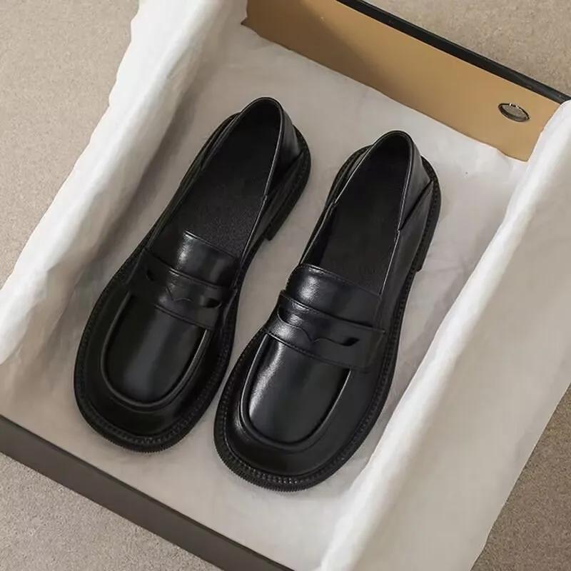 Black Leather Women's Loafers Platform Slip On Shoes for Women 2026 Spring British Casual Flats Shoe Woman Low Heels Mary Janes
