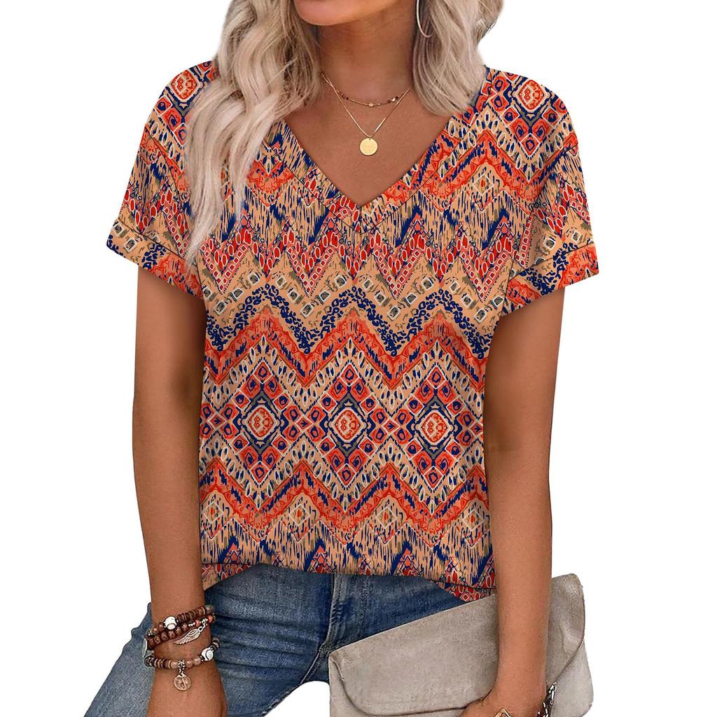Women's V Neck Short Sleeve Casual Top Lightweight Loose Fit Pullover Blouse with Printed Pattern for Spring Summer Wear