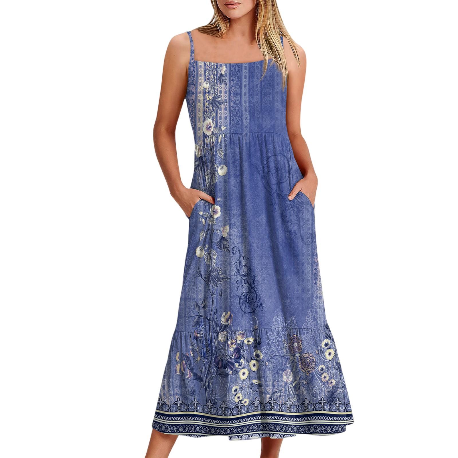 

Женское длинное пляжное повседневное элегантное платье макси на тонких бретельках с цветочным принтом, струящееся платье в стиле бохо S