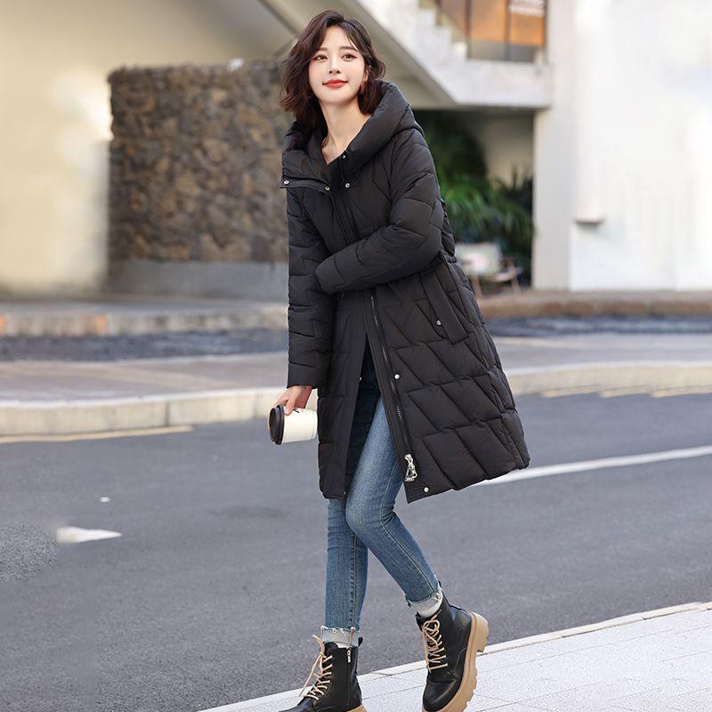 Women’s Winter High End Elegant Thickened Mid Length Padded Down Coat Waist Cinched Hooded Warm Fashion Outerwear