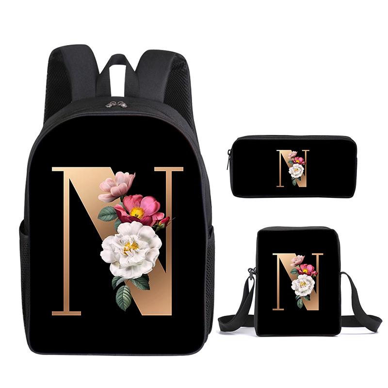 Fashion Novelty Flower letters A-Z 3D Print 3pcs/Set pupil School Bags Laptop Daypack Backpack Inclined shoulder bag Pencil Case