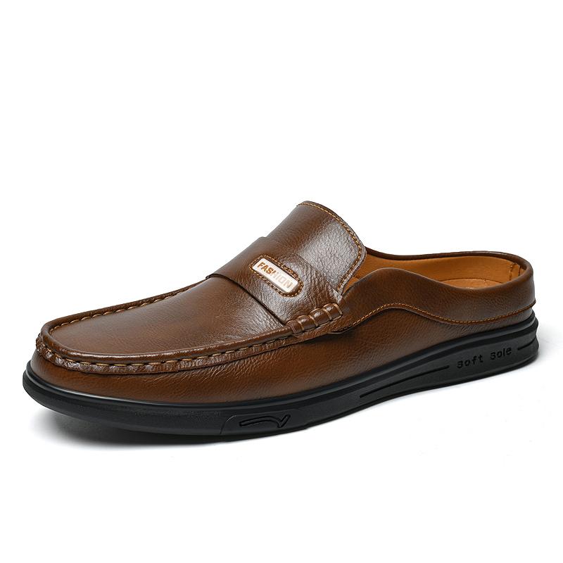 Fashion Breathable Mens Half Slippers Stylish Leathe Male Muller Shoes Loafers Comfy Muller Flats Lazy Shoes Soft Handmade Casual Shoes