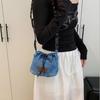 Tragbare Vintage Kordelzug Umhängetasche Große Kapazität Lässige Denim Canvas Tasche Einfarbige Handtasche Jeans Umhängetasche Damen