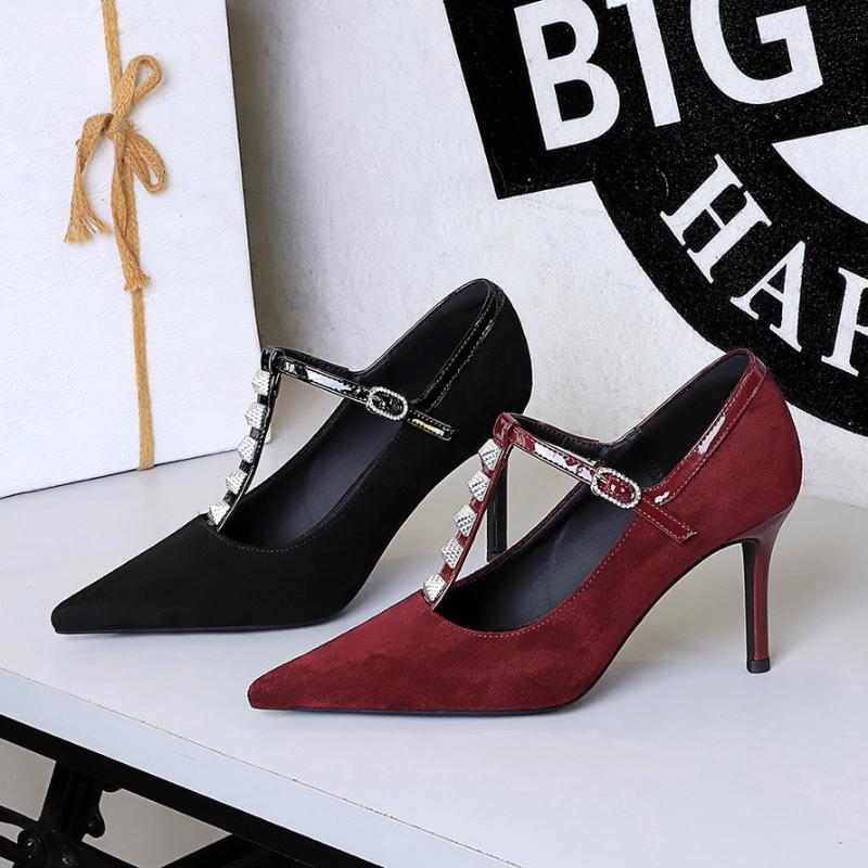 Fashion European And American Style Fashionable Silver Rivet High Heels Women's Suede Light Mouth Thin Heel Sexy Nightclub Single Shoes