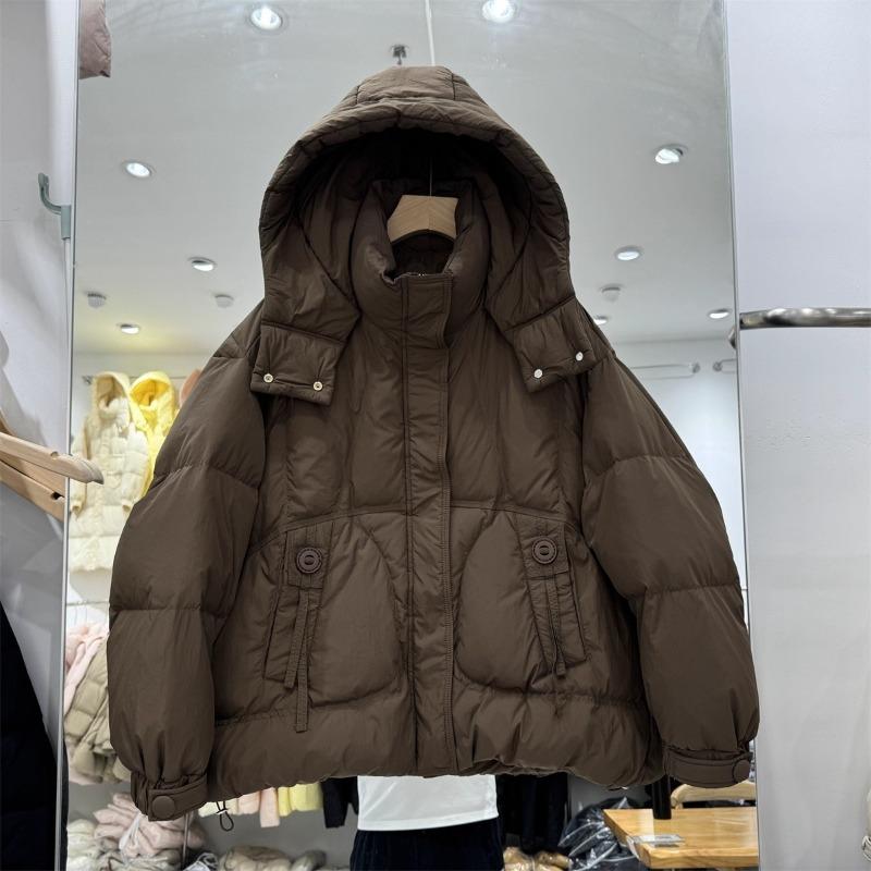 Fashion white hooded round buckle down jacket women's short winter new loose warm white duck down jacket