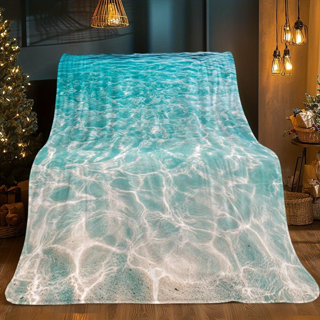 1pc Tropical Ocean Waves Throw Blanket - Turquoise & Sandy Beach Design, Lightweight Flannel All-Season Soft Warm Blanket for Co
