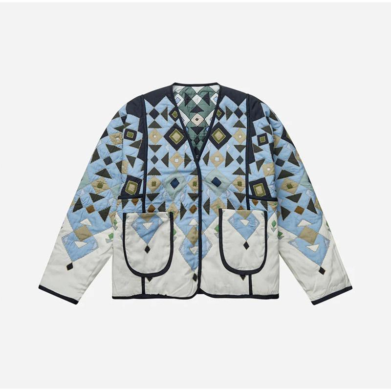 

Японская мода принтованный двусторонний пиджак карман осень ретро пэчворк V-образный вырез одежда шикарный женский новый длинный рукав повседневный элегантный пальто M белый/синий